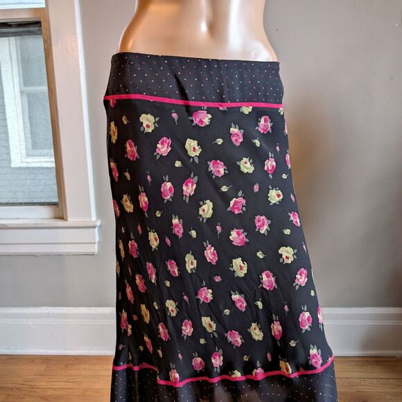 Vintage 90s Y2K Express Midi Skirt Dark Floral Silk Ruffle Polka Dot Whimsygoth - Picture 4 of 12